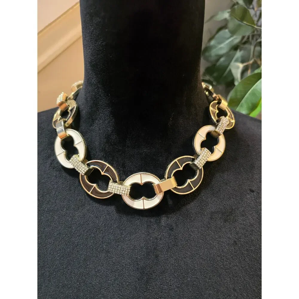 Women's Gold Tone Circle Link Fashion Necklace Rhinestone Accent Statement